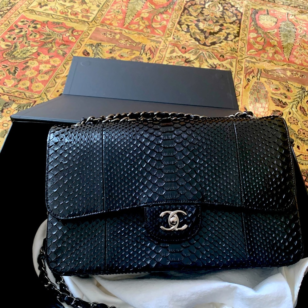 Chanel black Python Flap bag with silver hardware